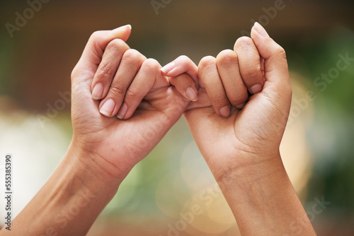 Hands, trust and promise of women friends for pledge of intimate secret, confession and bond. Care, support and pinky promise for confidential moment together with nature bokeh effect zoom. photo