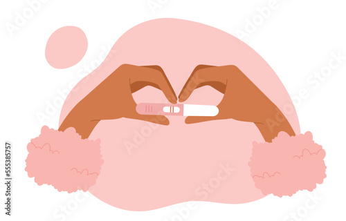 Female hands forming heart shape and holding a pregnancy test with a positive result. Pregnancy and waiting for the birth of a child. Vector illustration in cartoon style. Isolated white background