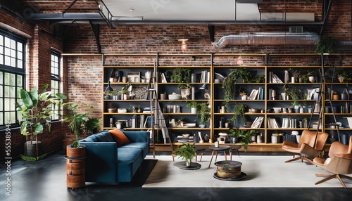 Library located in a loft space. The high ceilings and industrial-style architecture give the space a modern, trendy vibe. The library is filled with shelves upon shelves of books, Generative AI