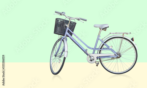 beautiful violet bicycle on green and yellow background, decor, object, transport, vintage, template, fashion, copy space