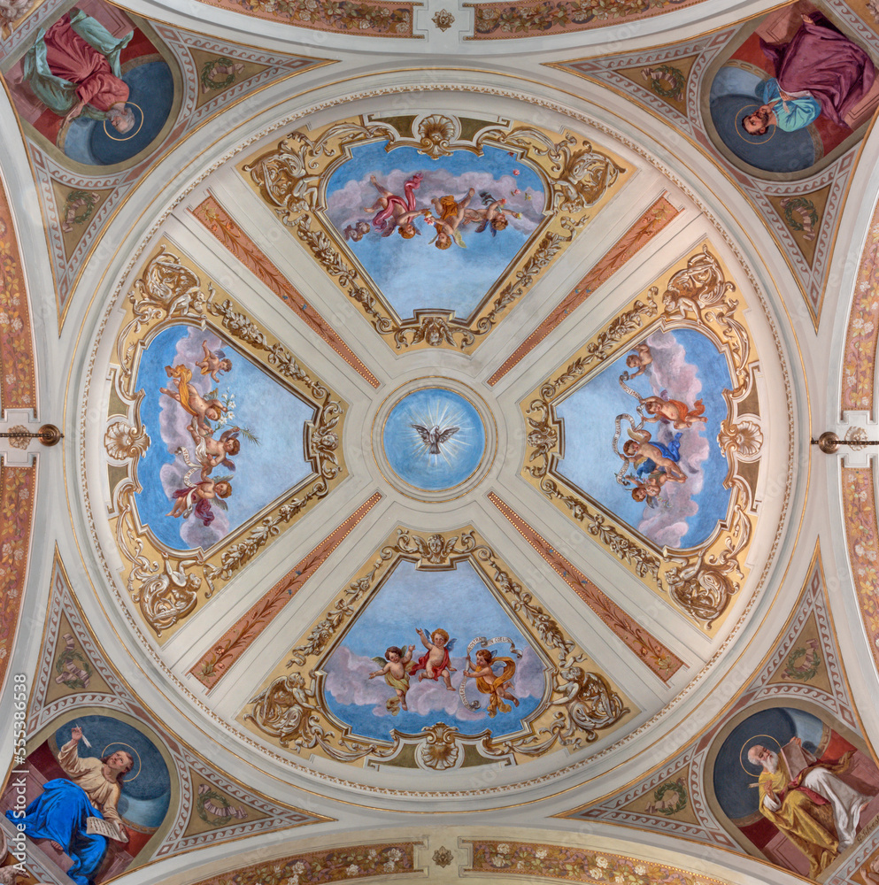 IVREA, ITALY - JULY 15, 2022: The frescoes with the Four Evangelists in cupola of church Chiesa di San Salvatore by Giovanni Silvestro (1914).