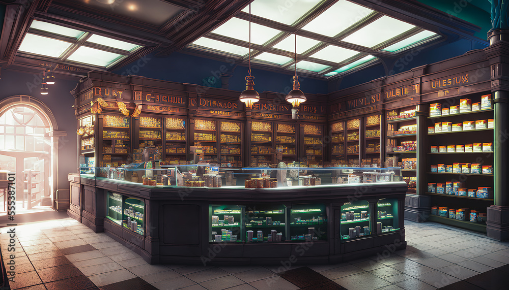 Magical pharmacy. The store is filled with an assortment of mysterious and exotic objects, including strange potions, herbs, and magical artifacts.. Generative AI