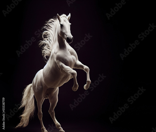 Photographie Standing and rearing silver white horse in studio interior dramatic lighting iso