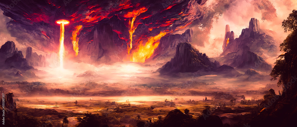 This painting depicts the aftermath of an atomic bomb explosion in a desert area. The once-barren landscape is now filled with rubble and destruction, with abandoned buildings and debris scattered thr This painting depicts the aftermath of an atomic bomb explosion in a desert area. The once-barren landscape is now filled with rubble and destruction, with abandoned buildings and debris scattered thr