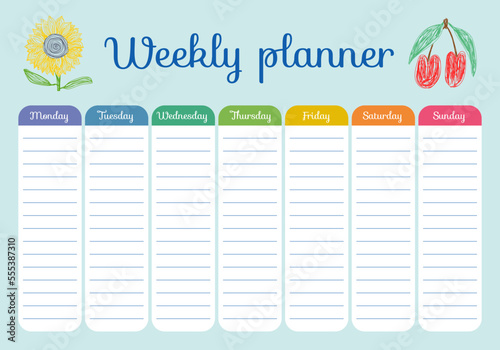 Weekly planner. Vector hand drawn design.  Pencil drawing. Sunflower and cherry. Monday, Tuesday, Wednesday, Thursday, Friday, Saterday and Sunday