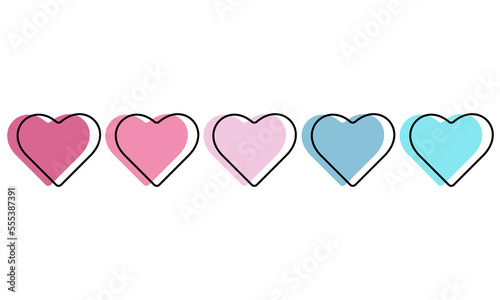 Five colorful hearts with contours on a white background