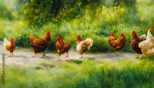 Painting of a chicken on the grass, Generative AI