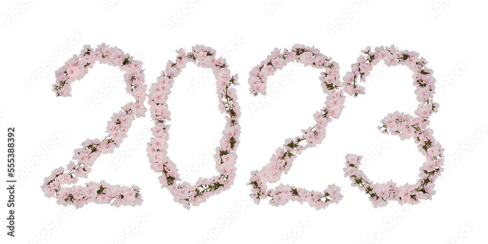 New Year 2023. Year 2023 numbers decorated with cherry blossoms flowers isolated against a transparent background. 