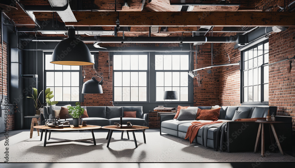 A detailed depiction of a stylish loft living room, featuring modern decor and a spacious, open layout. Generative AI