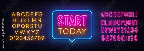 Start Today neon sign in the speech bubble on brick wall background.