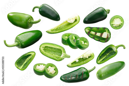Jalapeno chile peppers (Capsicum annuum fruits), whole, sliced and chopped, grilled, rings and quarters isolated png photo