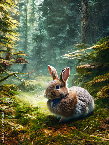 Cute bunny, rabbit in beautiful forest landscape, Generative AI