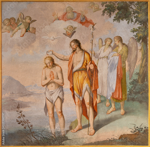 ALAGNA, ITALY - JULY 16, 2022: The fresco of Baptism of Jesus in the church San Giovanni Battista by Giuseppe Antonio Avondo (1810).