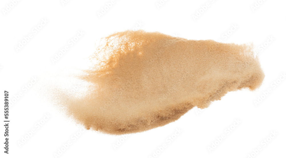 Small size fine Sand flying explosion, Golden grain wave explode. Abstract cloud fly. Yellow colored sand splash silica in Air. White background Isolated high speed shutter, throwing freeze shot Small size fine Sand flying explosion, Golden grain wave explode. Abstract cloud fly. Yellow colored sand splash silica in Air. White background Isolated high speed shutter, throwing freeze shot
