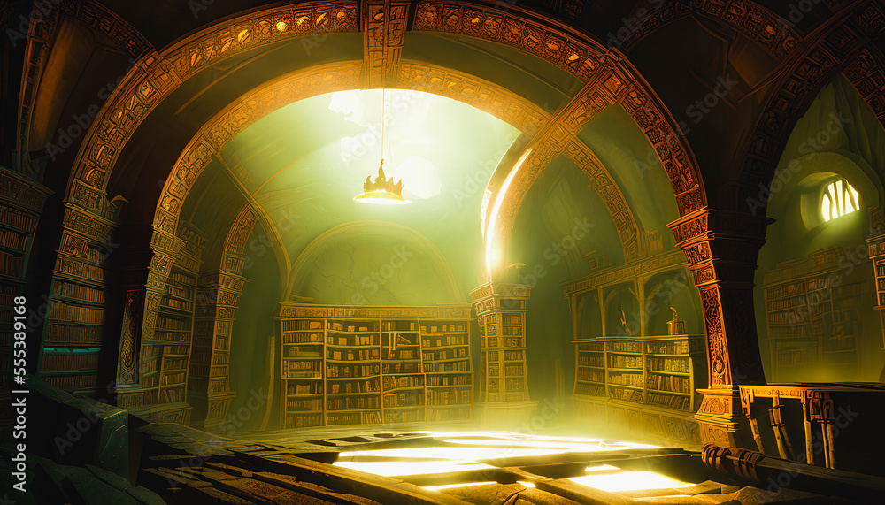 The painting depicts a historical underground ancient library, complete with rows of shelves filled with old, leather-bound books and dim lighting. Generative AI