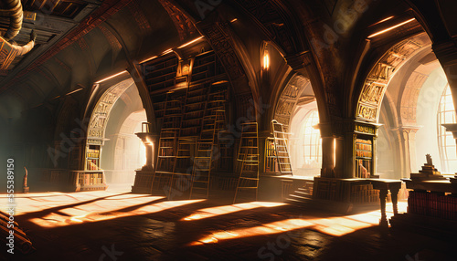 The painting depicts a historical underground ancient library  complete with rows of shelves filled with old  leather-bound books and dim lighting. Generative AI
