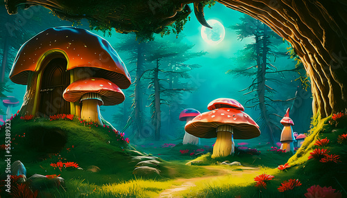 Fantasy surreal landscape. Mushrooms and butterfly in background. Tender and dreamy design, Generative AI