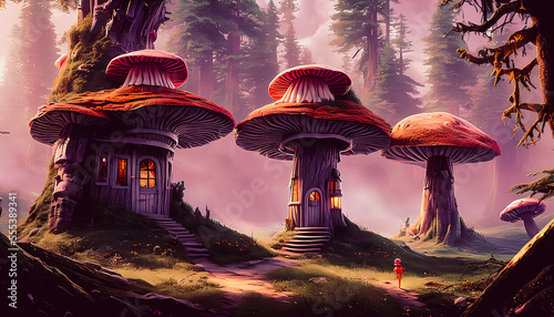 Fantasy surreal landscape. Mushrooms and butterfly in background. Tender and dreamy design, Generative AI