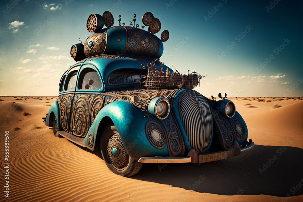 crazy steampunk car with ornaments, vintage car in the desert, fantasy