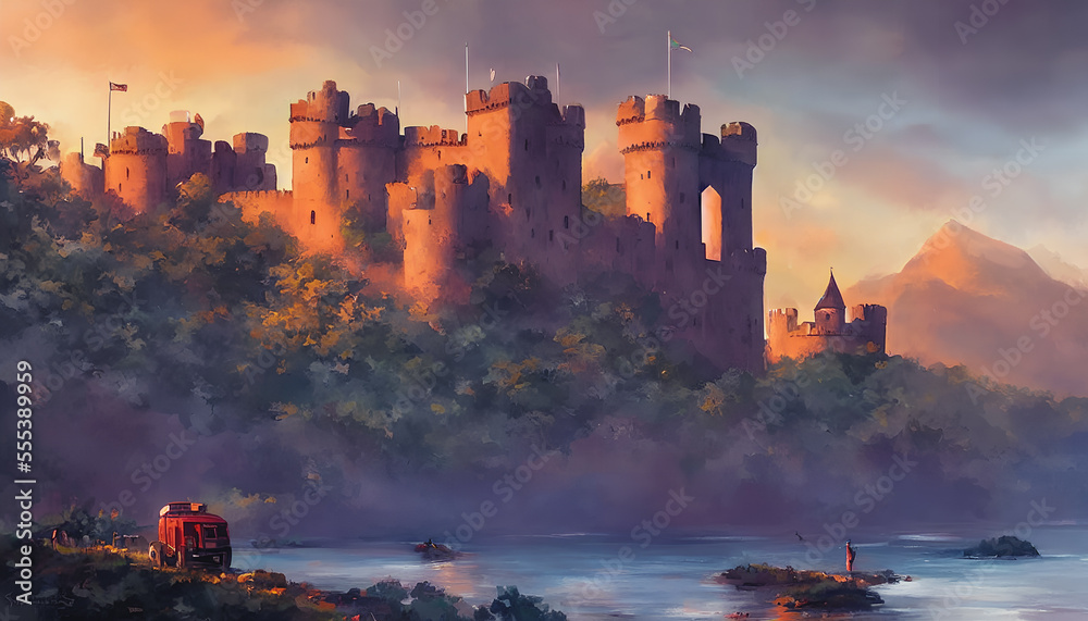 Fototapeta premium Painting of a medieval castle nestled in the midst of rolling hills and verdant forests, bathed in the soft, golden light of the setting sun. Generative AI