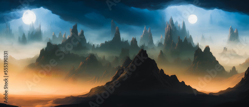 Panoramic view of the sci-fi landscape, Mountain landscape. Generative AI © 4K_Heaven
