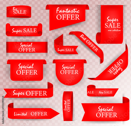 Collection of Offer Tags. Ribbon sale banners isolated. Red Discount Labels