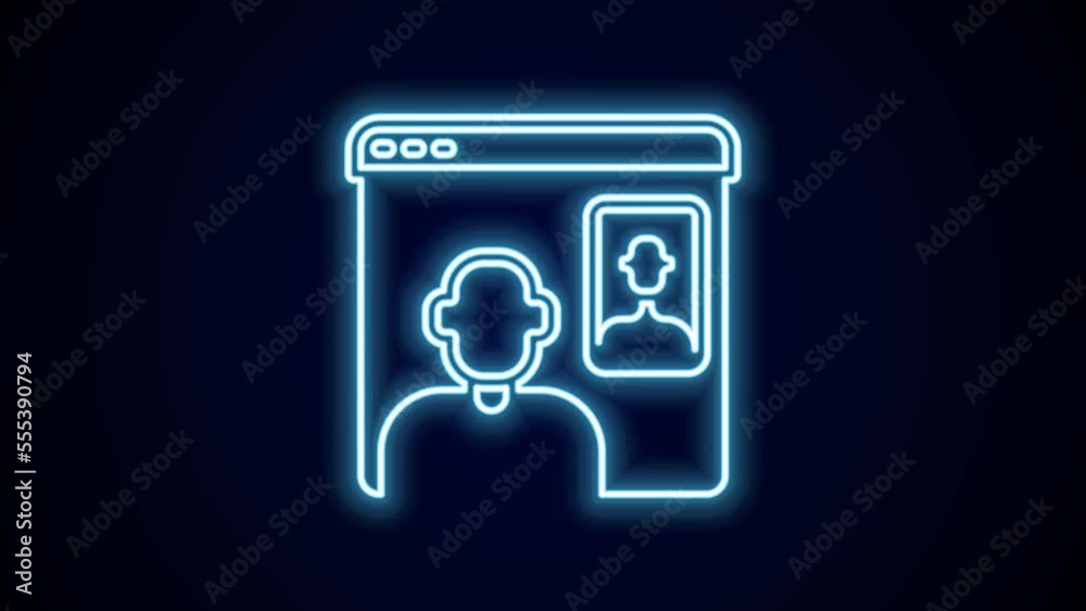 Glowing neon line Video chat conference icon isolated on black background. Online meeting work form home. Remote project management. 4K Video motion graphic animation Glowing neon line Video chat conference icon isolated on black background. Online meeting work form home. Remote project management. 4K Video motion graphic animation