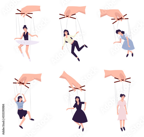 Set of people hang on ropes. Puppeteer and puppets. Manipulator playing with men and women. Characters being controlled by master, domination or authority