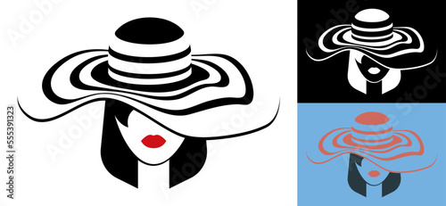 Girl in striped beach hat with black hair. Sketch of female character with black lines. Minimalistic Vector isolated on white background