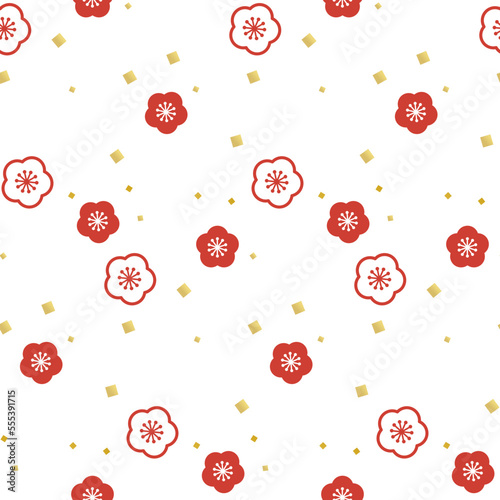 紅梅と金の紙吹雪のおめでたいシームレスパターン背景