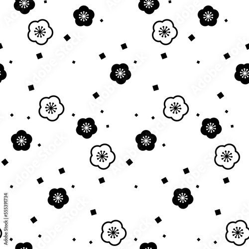 梅と紙吹雪のおめでたいシームレスパターン背景　黒単色