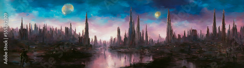 Panoramic view of the sci-fi landscape, Mountain landscape. Watercolor. Generative AI