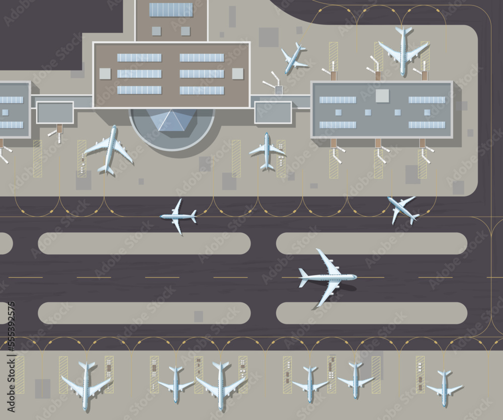 Airport top view passenger terminal and runway with parked airplanes ...
