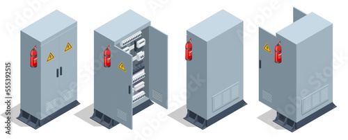 Isometric Electric switchboard. Transformer. Distribution board. Electrical power switch panel. Electricity equipment. Electric Breaker Switchbox Electricity and Energy Equipment Red Buttons, Contact