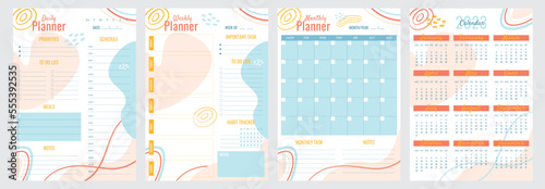 Vertical A4 format daily, weekly, monthly plan and calendar 2023 year. Personal planners page templates with abstract elements design. Vector journal for daily routine