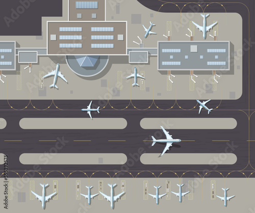 Airport top view passenger terminal and runway with parked airplanes. Top down aerial view of a busy airport terminal. The runway of the aircraft. Buildings hangar for airplanes. Vector illustration
