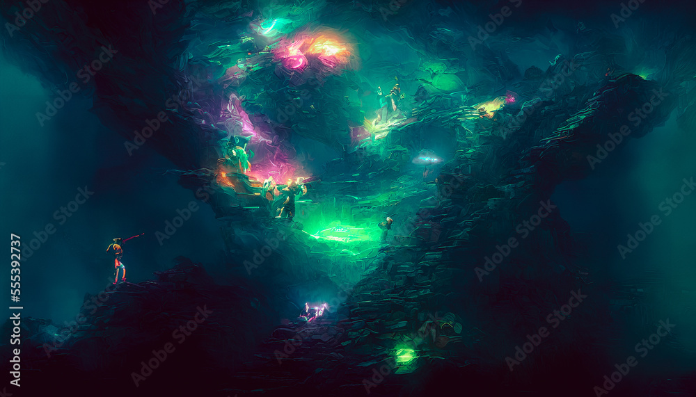 Fototapeta premium An astronaut who travels through space is positioned on a planet that is falling apart, on the edge of a black hole on a foreign planet.Generative AI