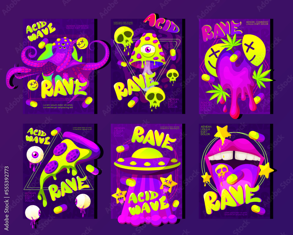 Fototapeta premium Psychedelic rave trip party banner template set. Rave music with neon funny fly agaric mushrooms bright psychedelics. Print for clothing