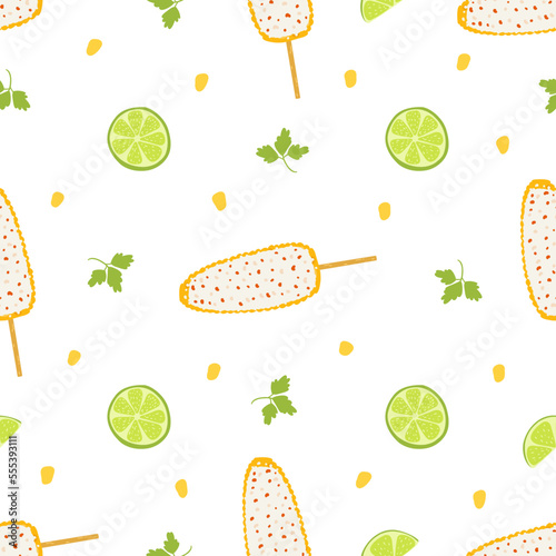 Seamless pattern with elote dish. Traditional Mexican food, folk cuisine. Vector background with grilled corn