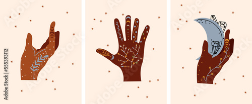 Boho style posters with mystical hands holding the moon. The magical symbol of the moon. Celestial posters are ideal for banners, posters, postcards. Vector illustration