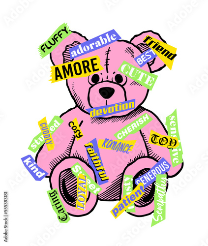 A Teddy bear illustration  with embellished randomly placed slogan stickers photo
