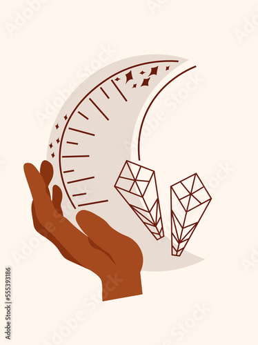Boho style posters with a mystical hand holding the moon. The magical symbol of the moon. Celestial posters are ideal for banners, posters, postcards. Vector illustration