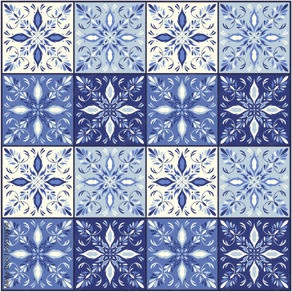 Seamless blue tile with Islam, Arabic, Indian, ottoman motifs. Majolica pottery tile. Portuguese and Spain azulejo. Ceramic tile in talavera style. Vector illustration.