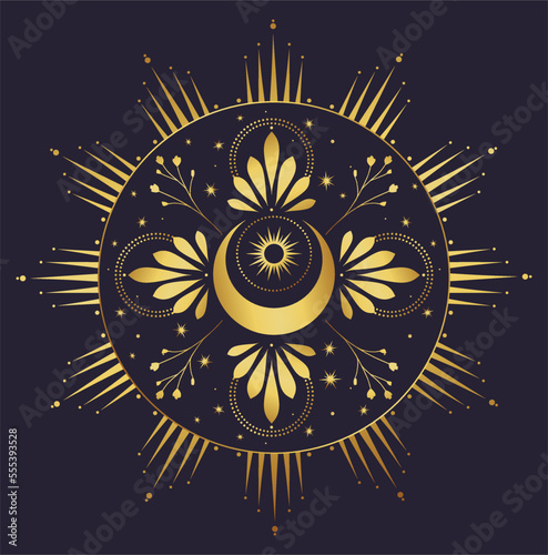 Astrology mystical illustration. Sacred golden geometry. Abstract mystic sign. Gold linear shape.