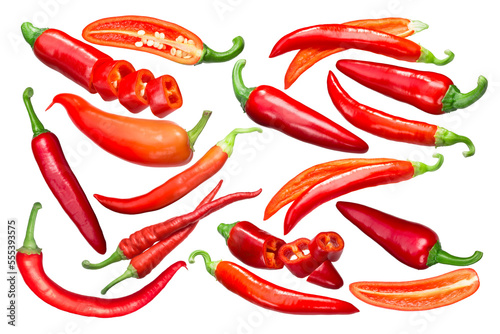 Collection of hot chile peppers (Capsicum annuum), different cultivars isolated png