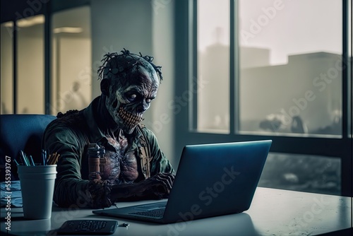 Generative AI digital art of a zombie working on a laptop as minimum wage concept photo