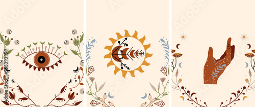 Boho style posters with mystical eyes, witch moon, mystical hand. Astrological symbols. Celestial posters are ideal for banners, posters, postcards. Vector illustration.