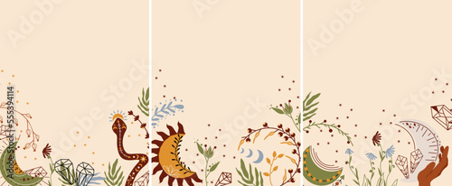 Banner in boho style with a hand holding the moon, mystical snake, sun, flowers and leaves. Minimalist boho design is perfect for posters, cards. Astrological symbols. Vector illustration