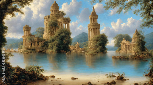 digital illustration of ancient Atlantis city ruins with columns and pilars mirroring in lake water surface, cloudy blue sky,trees and plants, generative AI photo
