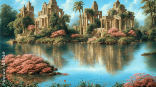 digital illustration of ancient Atlantis city ruins with columns and pilars mirroring in lake water surface, cloudy blue sky,trees and plants, generative AI